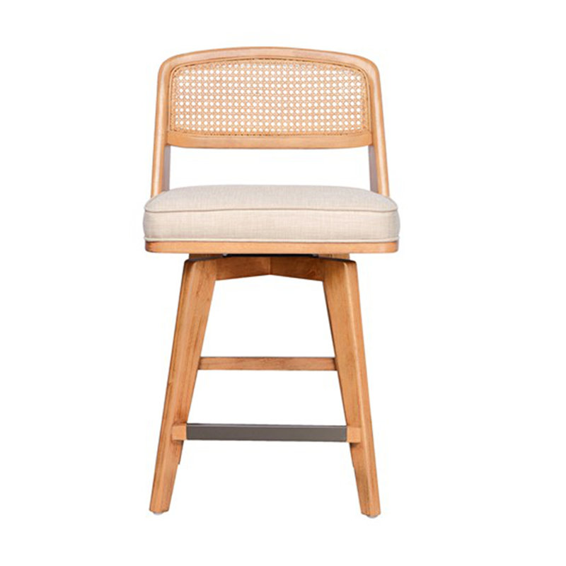 Natural Wood and Beige Woven Rattan Swivel Counter Stool