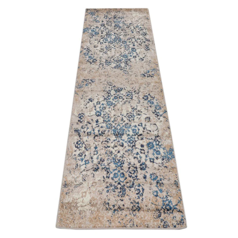Machine Made Heatset Polyproplyene Area Rugs - Runner, Beige Blue Color, Floral Modern Design, Low Pile Machine Made Area Rugs for Living Room, Bed Room
