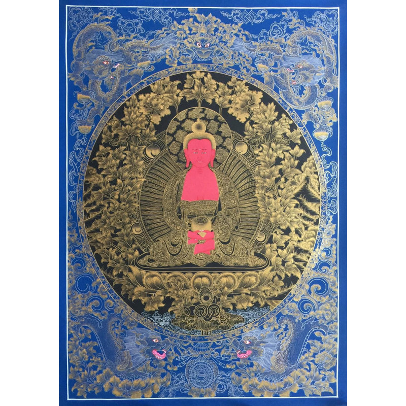 Bouddha Amitabha (Thangka sans brocart) | Or 24 carats avec couleur acrylique sur toile de coton