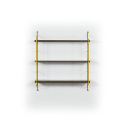 Three-Tier Wall-Mounted Shelf, Walnut Wood And Bright Yellow Metal Frame, Modern And Stylish Design, Suitable For Living Room, Bedroom, Kitchen, And Office