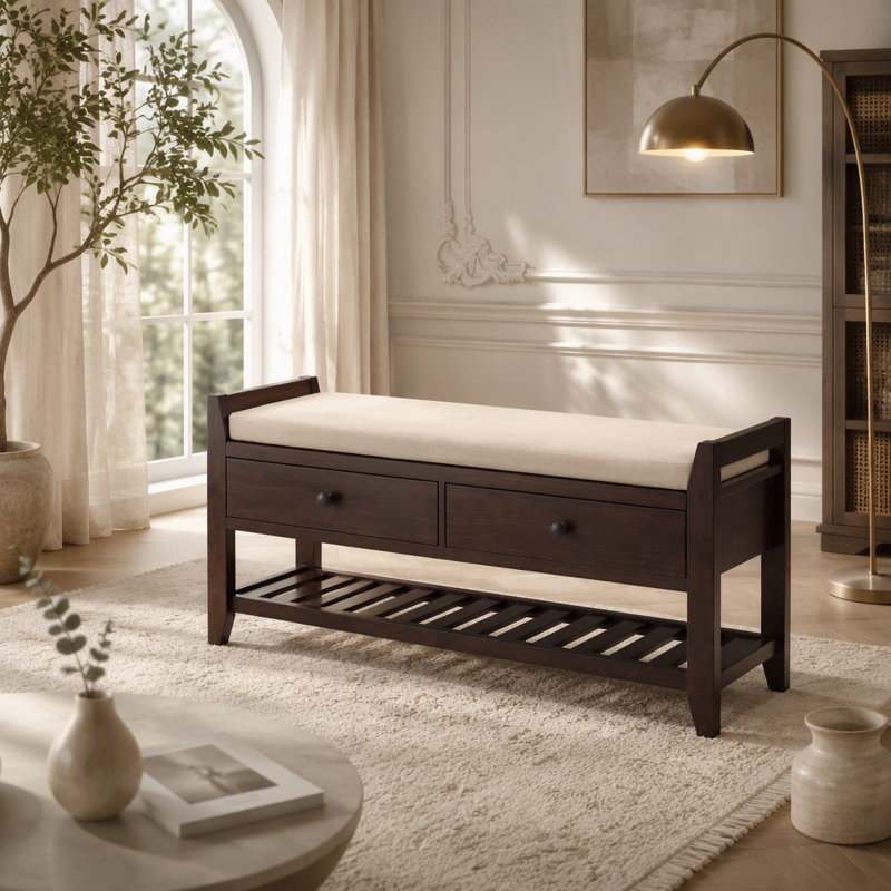 Range-chaussures avec siège rembourré et tiroirs, banc de rangement polyvalent pour entrée