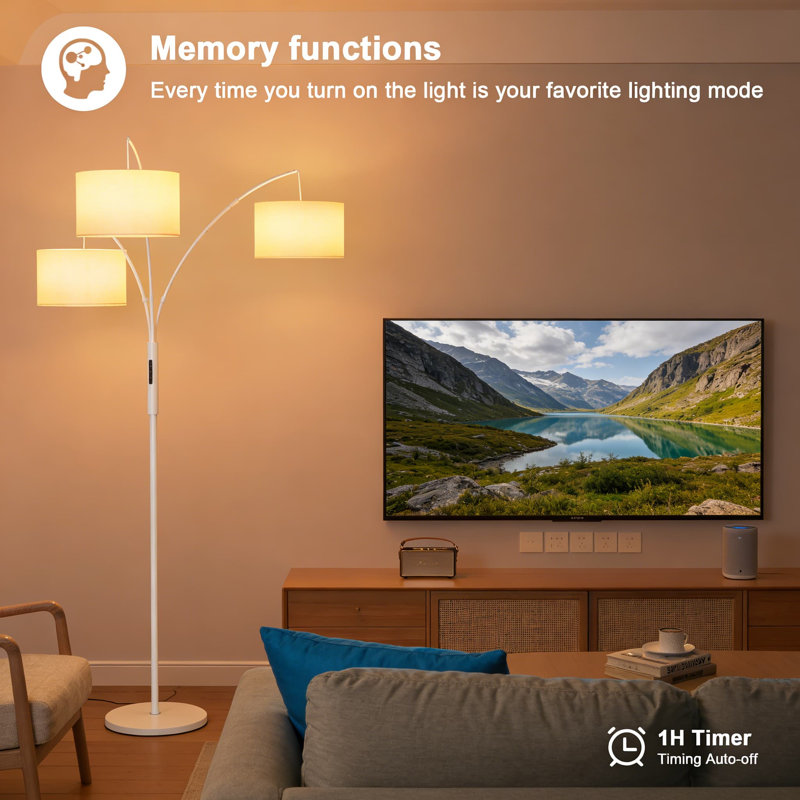 36W Dimmable Arc Floor Lamp With Remote And Touch Control, 3-Light Adjustable Standing Lamp For Living Room, Bedroom, Or Office, Stepless Dimming And 3 Color Temperatures