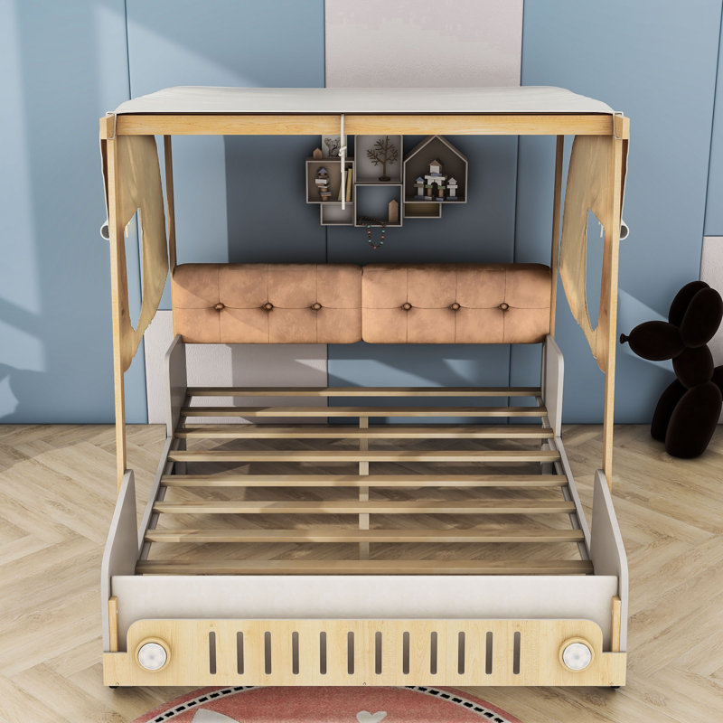 Wooden Car-Shaped Platform Bed with LED and Pillows, Full