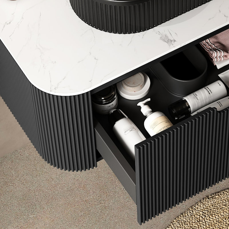 Meuble-lavabo de 36 po avec lavabo, armoire flottante moderne, vasque en céramique noire, pré-assemblé, céramique à haute dureté, finition rayée 3D, rangement spacieux, tiroir à fermeture en douceur, marbre artificiel