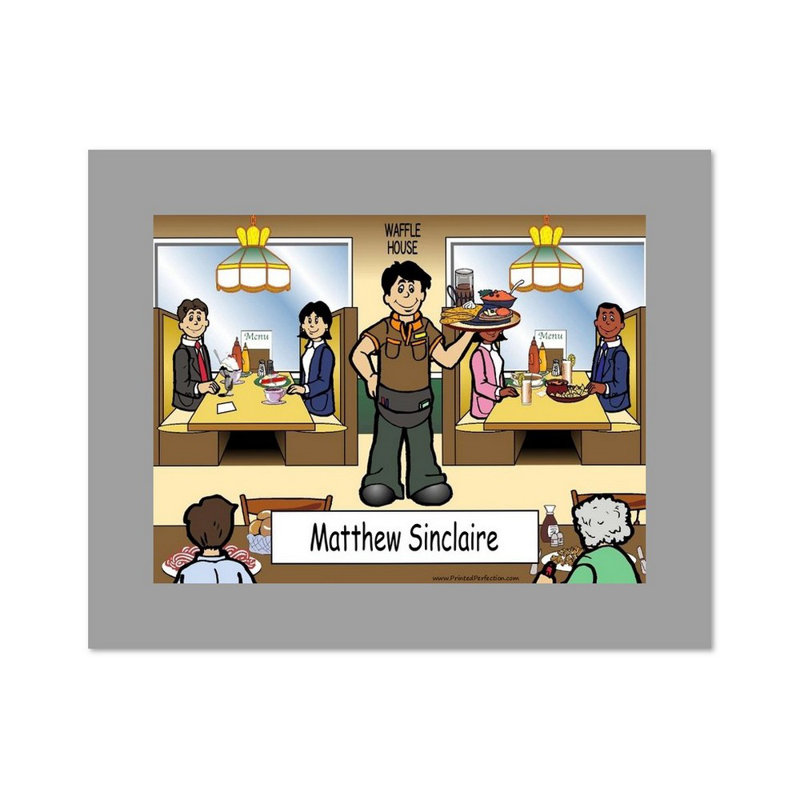 Personalized Waiter, Casual Dining Cartoon Caricature with a Mat, Ready to Frame, Yes