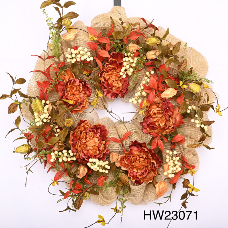 Couronne de pivoines 26 po Faux Thanksgiving, Orange