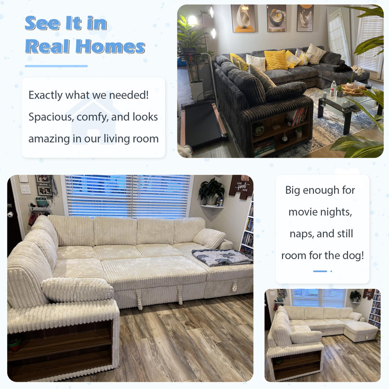 Shariff U-Shaped Corduroy Sectional Sofa with Pull-Out Bed, Storage Chaise Lounge & Open-Storage Armrest, Gray Corduroy