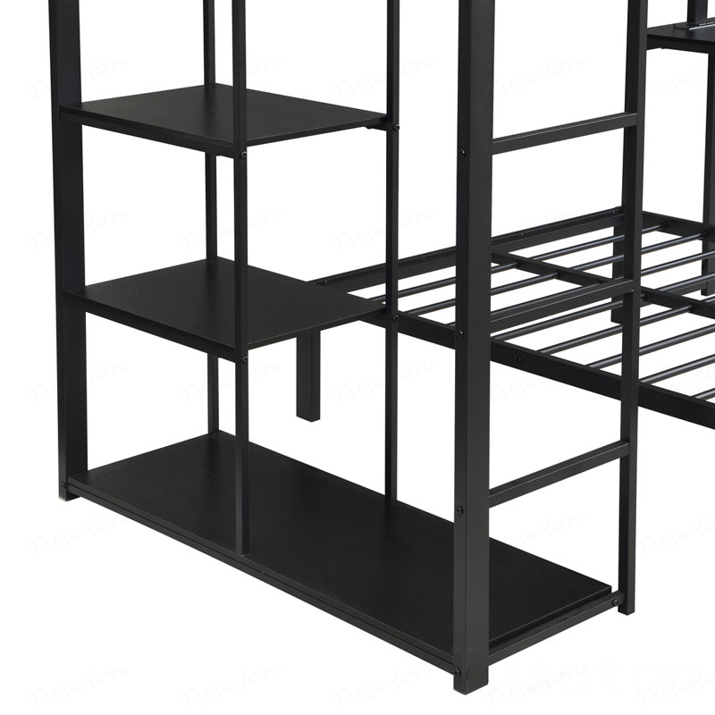 Structure de lit mezzanine en métal avec bande lumineuse à DEL, tablettes de rangement latérales et bureau intégré, lit superposé en métal de taille double / double