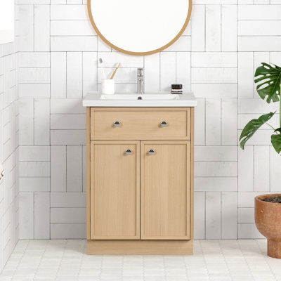 Colucci 24 po Meuble-lavabo autoportant à simple cuve en chêne rétro avec comptoir en céramique