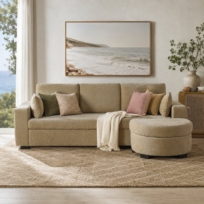Canapé d'angle Sorellvyn 94" en chenille pour 3 personnes avec pouf de rangement incurvé amovible, rangement dissimulé dans les deux accoudoirs carrés, chargement USB, porte-gobelets sur les accoudoirs, coussins amovibles