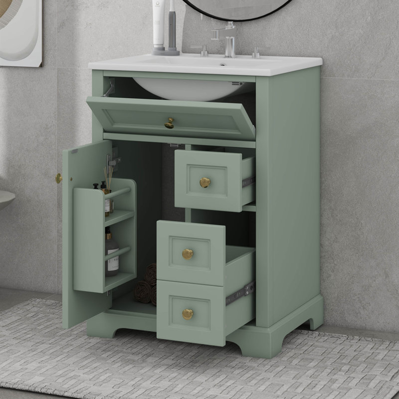 Meuble-lavabo 24 po avec lavabo, 3 tiroirs et armoire avec support de porte à 2 niveaux, tiroirs, Vert