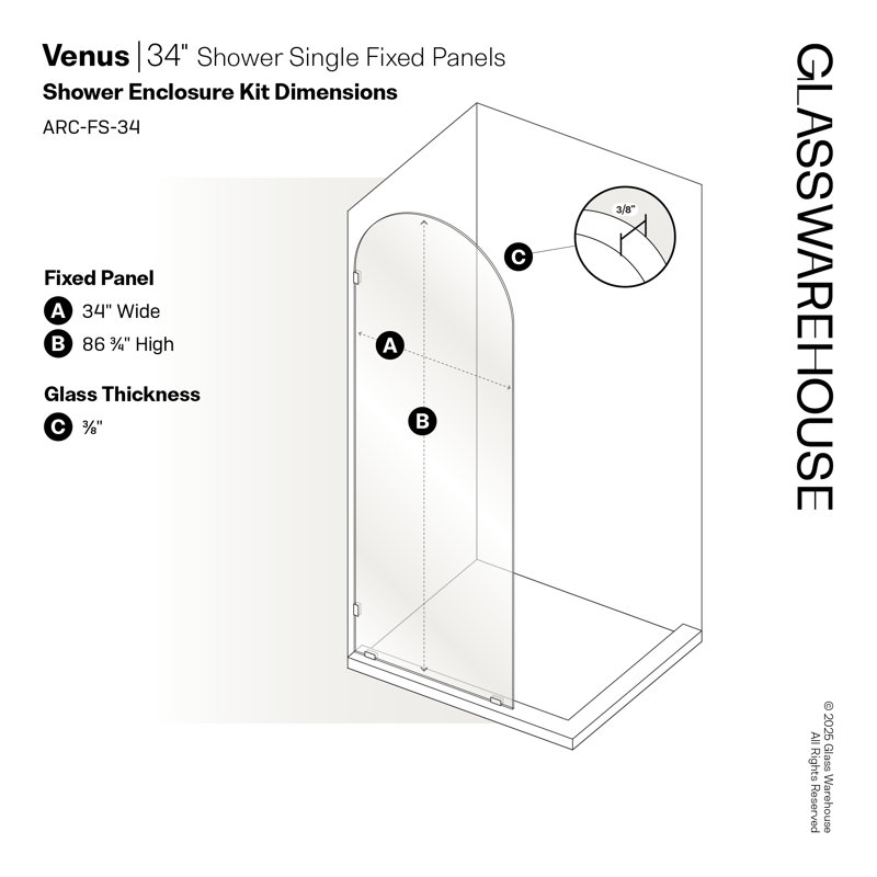 Venus 34 in. x 86.75 in. Fully Frameless Arched Single Fixed Shower Panel, Matte Black