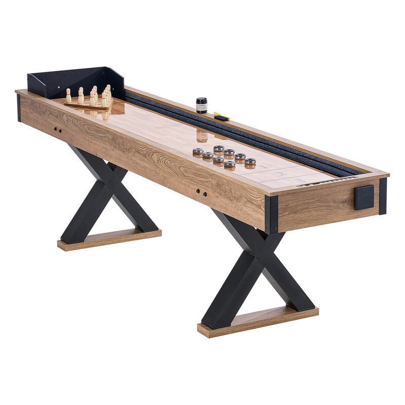 Table de jeu de palets de 9 pi avec trousse de conversion pour quilles, terrain de jeu en poly enduit résistant aux égratignures, fabrication en panneau de fibres à densité moyenne avec finition en bois, comprend des rondelles, de la cire, une brosse et un jeu de quilles