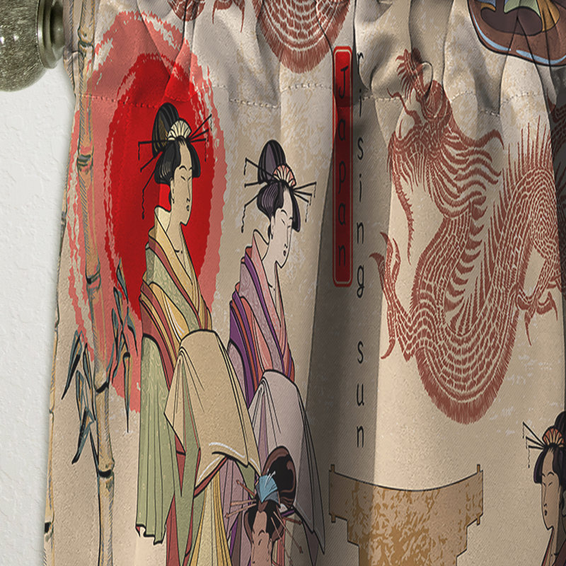 Panneau de rideau oriental, art japonais occultant - Geishas et dragons japonais, L 52 po x L 95 po
