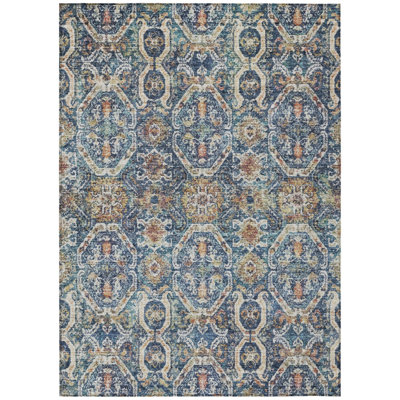10' X 14' Denim Blue Beige And Brown Floral Washable Indoor Outdoor Area Rug