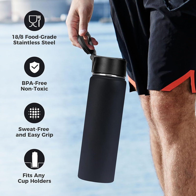 Bouteilles d'eau isolées en vrac de 22 oz, bouteilles d'eau en acier inoxydable en vrac avec couvercle de paille résistant aux fuites, thermolaqué personnalisé pour la gravure au laser (noir, paquet de 8)