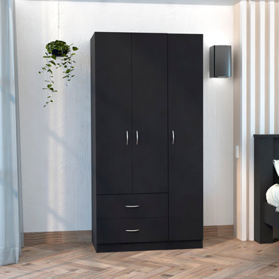 Armoire 3 portes avec 2 tiroirs, tablettes et tringle
