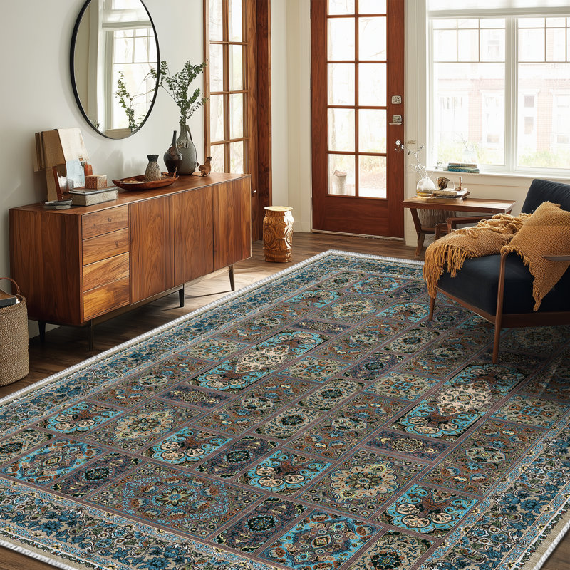 Oriental Mosaic Block Multi Performance Machine Washable Non Slip Area Rug, Rectangle 9' x 12'