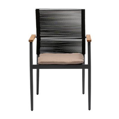 Fauteuil Melvis avec dossier en corde noir, siège en tissu taupe avec structure anthracite - ensemble de 2
