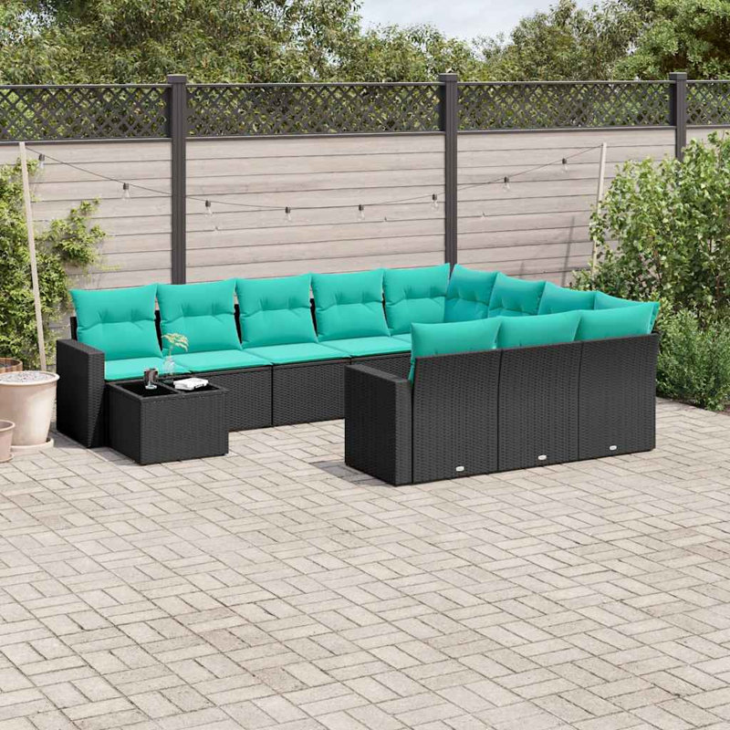 Ensemble de canapé de patio 11 pièces avec coussins en rotin de polyester, Bleu clair, Noir