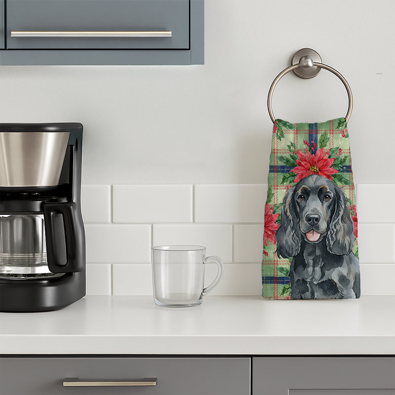 Black Cocker Spaniel Christmas PoinsettIas Kitchen Towel, Black Cocker Spaniel