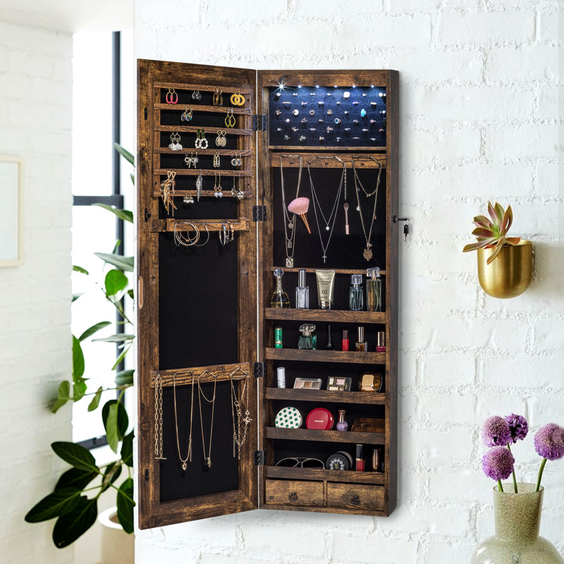 Armoire à bijoux murale avec miroir Grishilde, Brun rustique