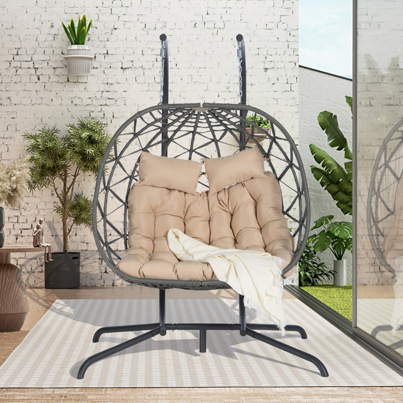 Fauteuil à œufs suspendu pour l'extérieur: structure en fer robuste, coussin de coton confortable fabriqué à la main, balancelle de jardin avec support: fer, protection, capacité de 600 lb faite à la main