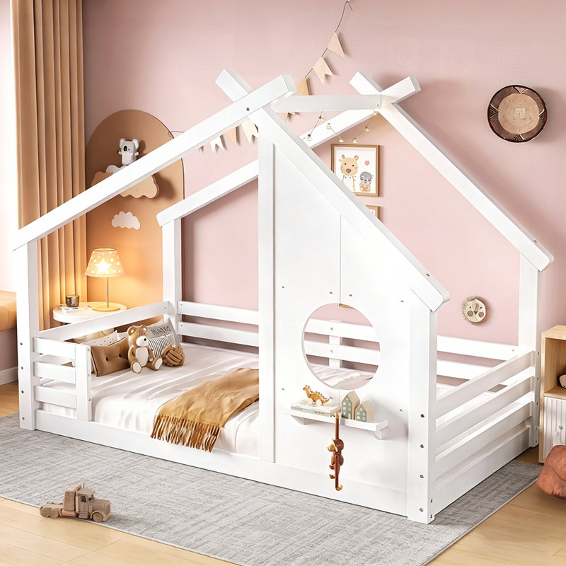 Charmant lit simple en forme de maison avec fenêtre et petite tablette, fabrication en bois massif, aucun sommier requis