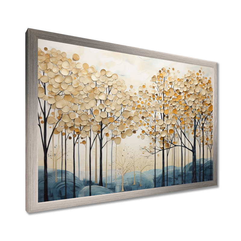Minimalisme, arbres dorés et bleus scène IV - arbres, art mural, H 34 po x l 44 po x P 1,5 po, Cadre simple argenté