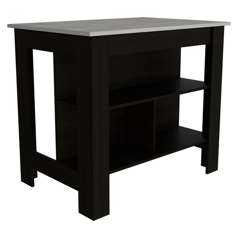 Cala 3-Shelf Wooden Kitchen Island, Black/Ibizar Marble