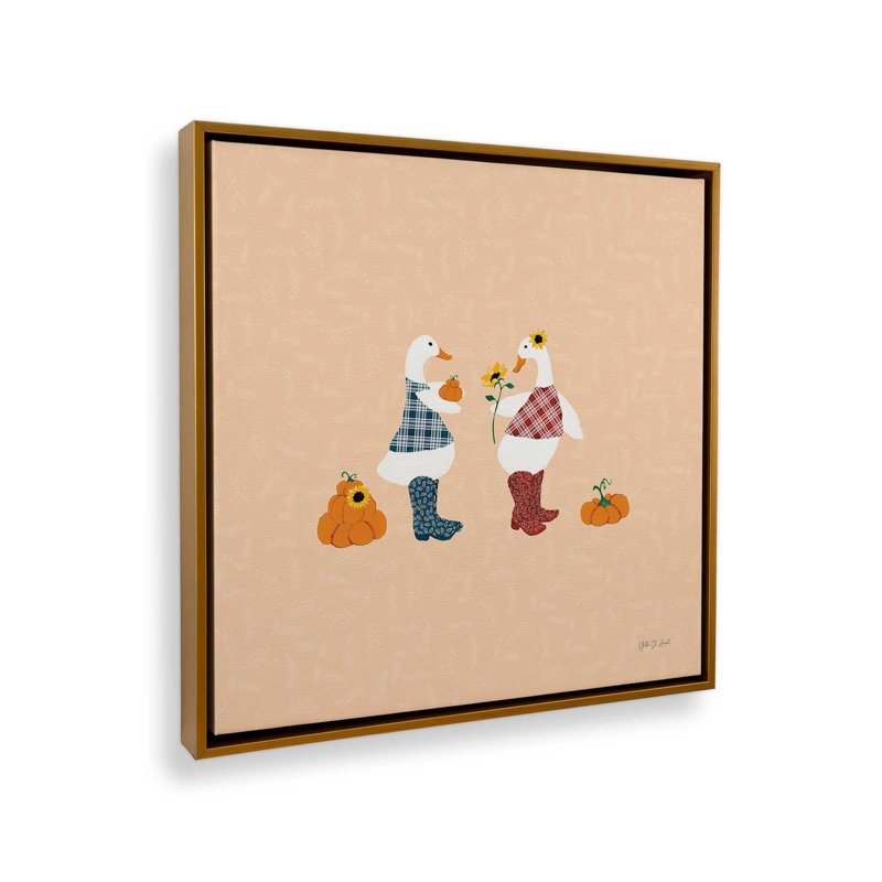 «Ducks in the Pumpkin Patch IV» par Yvette St. Amant, reproduction d'art sur toile, H 36 po x l 36 po, Cadre flottant, Doré