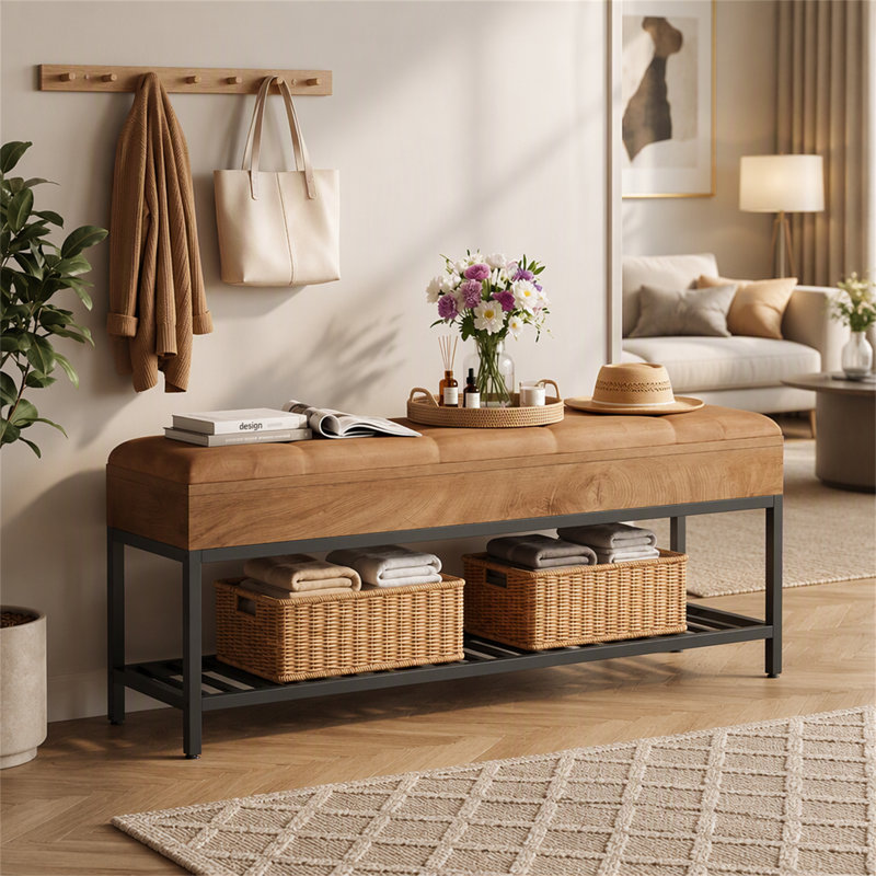 Fabric Upholstered Bench with Shoe Storage