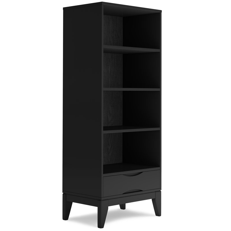 Harper 60"H Solid Wood Mid-Century Modern Bookshelf with Open Shelves and Tapered Legs, Black