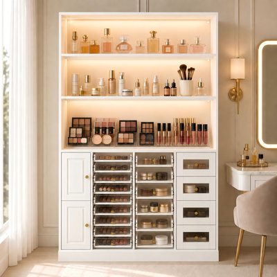 47.2"W × 14.8"D × 71.9"H Freestanding Makeup Storage Cabinet with 3-Colour LED Lighting, 19 Drawers and 2 Doors,BOXA
