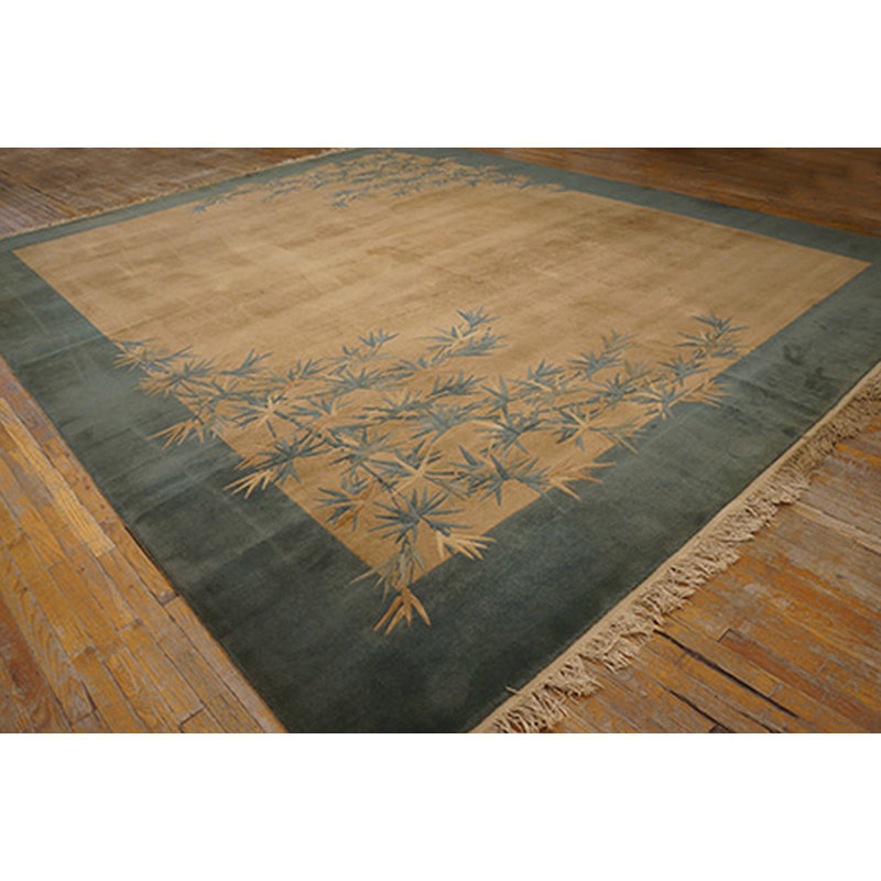 Antique Art Deco Chinese Floral Green, Ivory Beige Cream White 1920s Rug