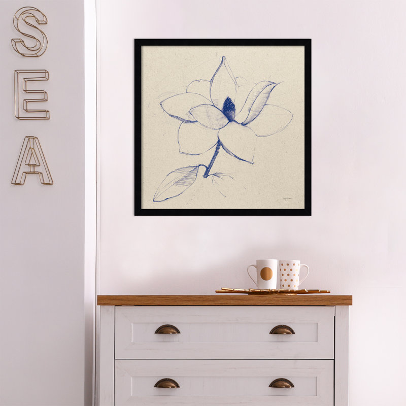 Modern Vintage Floral II Indigo by Everlean - Single Picture Frame Print, Black, 21" H x 21" W x 1" D