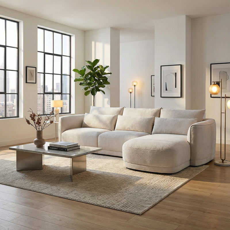 119'' Modular Curved Chenille Sofa With Chaise, Linen Polyester, Right Hand Facing