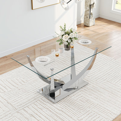 Modern Rectangular Glass Dining Table, 63" Tempered Glass Top With Stainless Steel Base With For 4–6 People, Dining Room & Kitchen Table