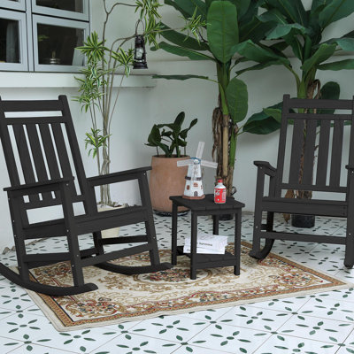 All Weather Rocking Chair Set With Side Table, 3-Piece Rocking Chair Set With Wood-Texture , Grey(Includes 2 Rocking Chairs And 1 Table)
