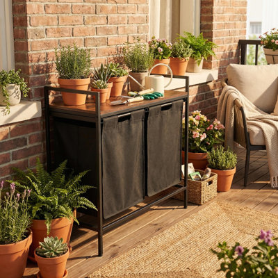 Panier à linge moderne 28 po avec 2 paniers, cadre en métal noir, panier en tissu amovible, pieds réglables