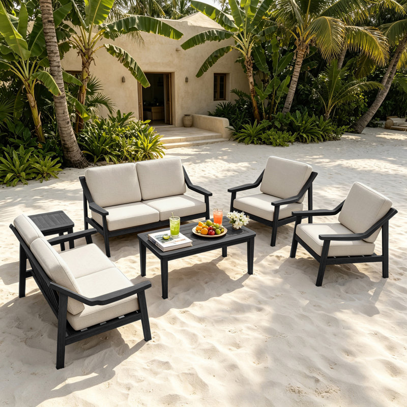 Ensemble de patio pour six personnes avec coussins et deux tables Marlo, Chameau clair, Noir