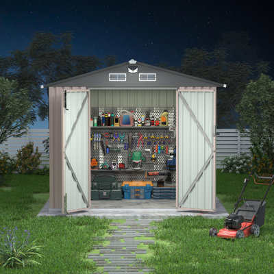 Remises de rangement en métal de 6 pi x 8 pi pour l'extérieur avec lumière solaire, remise à outils en métal avec porte verrouillable, ensemble de remise de jardin pour abri de jardin en métal, bâtiments utilitaires en métal avec évent pour la co