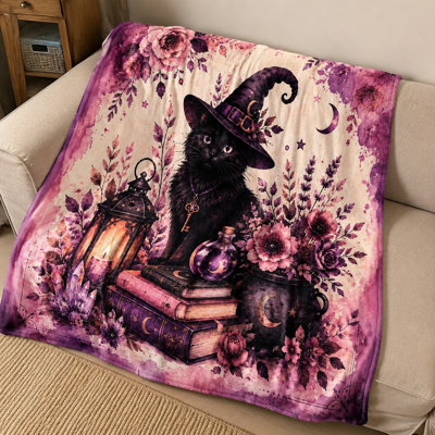 Couverture polaire magique avec chat sorcière, chat noir enchanteur avec lanterne et livres, jeté douillet pour canapé, lit, décoration intérieure, charme d'Halloween