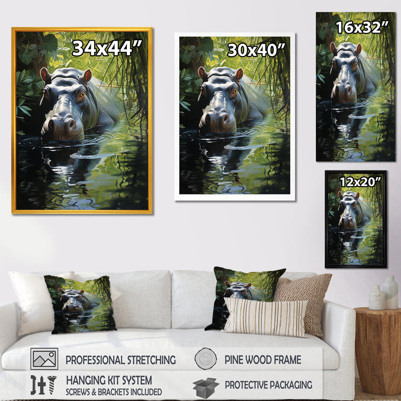 «Hippo Secret Hideaway 3 - Hippopotamus», art mural, Cadre flottant doré, H 44 po x l 34 po x P 1,5 po