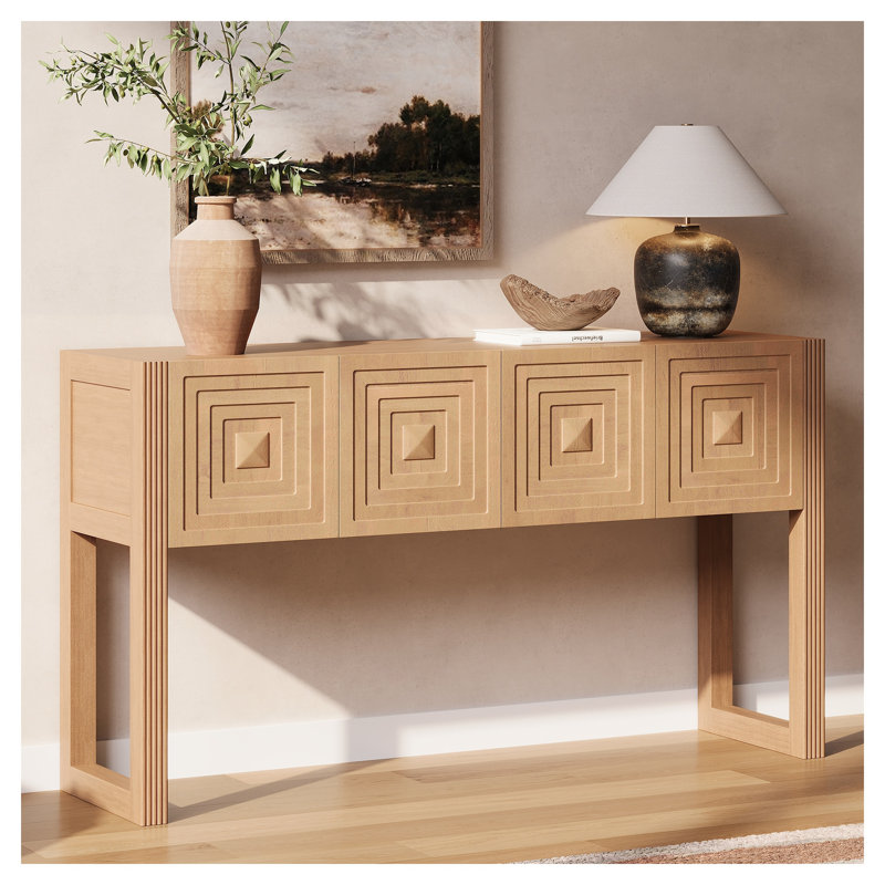 Console géométrique brun clair sculptée avec tiroirs à fermeture en douceur, canapé d'entrée cannelé pour salon et couloir