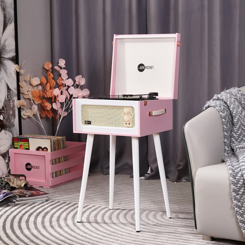 Pink and White 3-Speed Bluetooth Record Player with Built-in Speakers