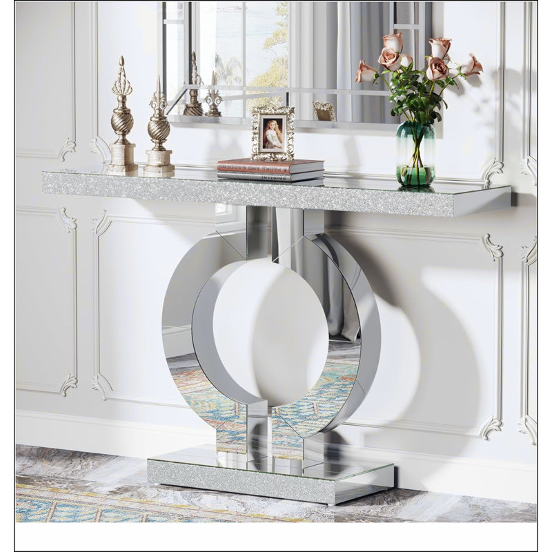 Console à miroir moderne de 43 po avec base en forme de O, table d'entrée en verre argenté pour le salon, le couloir ou le vestibule - Table d'appoint contemporaine avec placage de diamant en acrylique