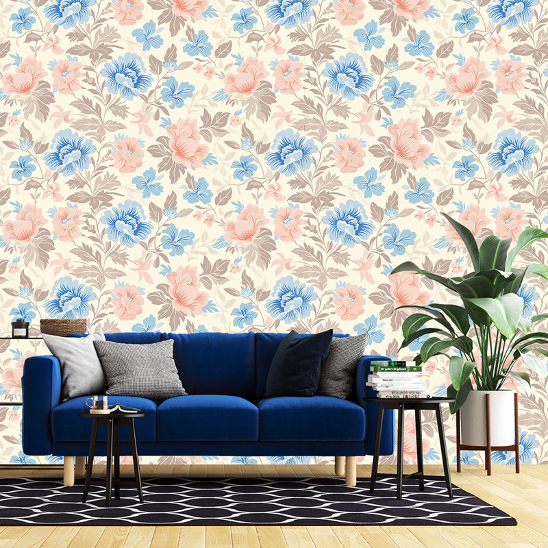 Rouleau de papier peint à motif floral pastel bleu et rosé