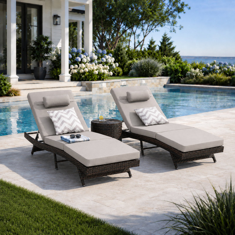 Modern All-Weather Wicker Patio Chaise Lounge Set of 2 with Cushions, Light Gray