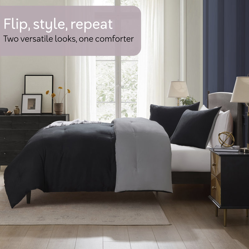 Ultra Soft Ultra Soft Modern Reversible 3 Piece Comforter Set, Full Comforter + 2 Standard Shams, Black/Charcoal Gray